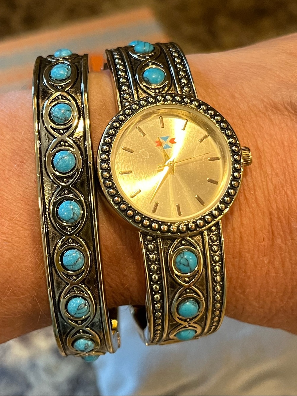 Canyon Sky Turquoise Accent Bangle Watch Set - Gold Tone